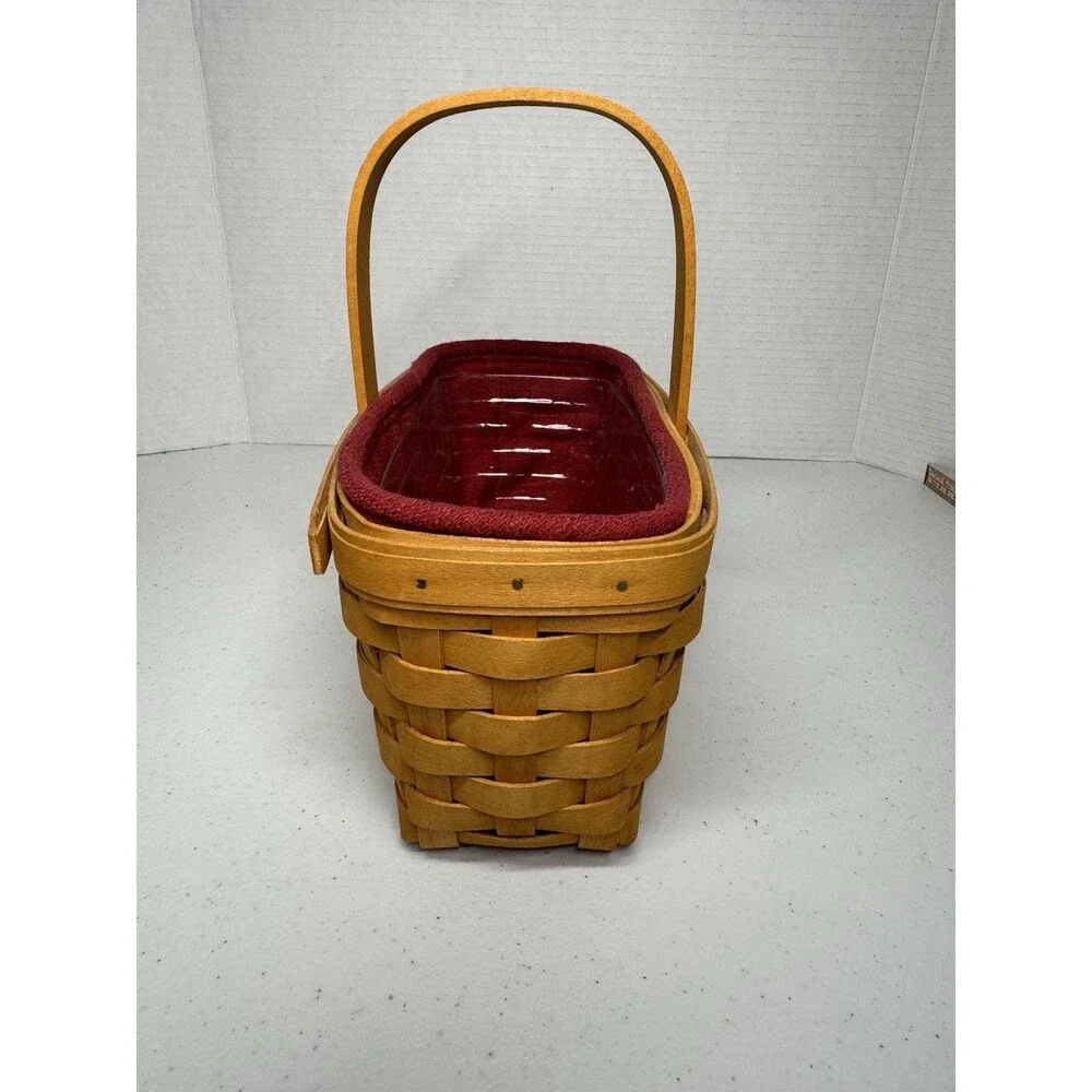 Longaberger Small Handled Woven Basket Plastic Cloth Liners Signed Dated 1999